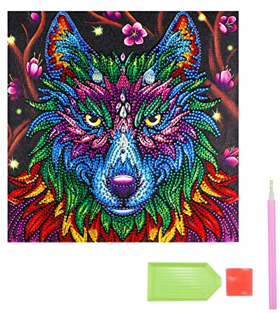 Doafoce Kit per pittura a lupo 5D, 40 x 40 cm, fai da te, lupo diamante, pittura fai da te, con diamanti e kit completo per Paese dei sogni, kit di pittura su diamante, per adulti, principianti, casa