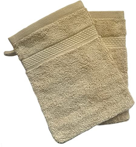 Sue Rossi Face Cloth Wash Mitt Set, 100% Organic Turkish Combed Cotton, 600GSM Thick With Hanging Loop, Size 16cm x 21cm, Flannel Glove Pack Soft & Absorbent (Camel, 2)