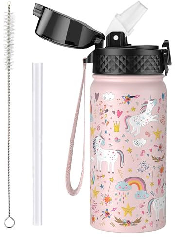 OLDLEY 420ml/14oz Kinder Edelstahl Isolierte Wasserflasche mit Stroh für Schule Metall Vakuum Kleine Flasche Lecksicher Halten Heiße Kalte Jungen Mädchen Kleinkinder Kinder(Einhorn, 420ml)