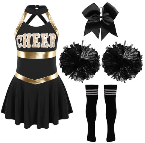 Jowowha Mädchen Cheer Leader Cheerleading Kostüm Schulmädchen Uniform Kleid mit Zubehör Halloween Kostüm Karneval Fasching Party Outfits Schwarz&Weiß 146-152