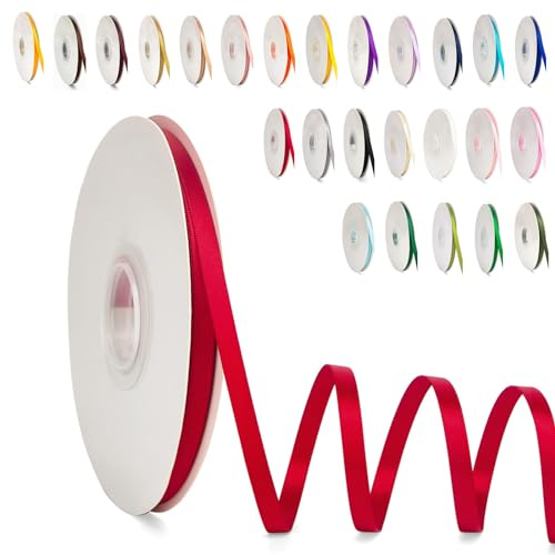 POPOYU Ruban Satin, 6mm x 91m Ruban de Ballon Rouge en Satin pour Créer des Cartes, Scrapbooks, Emballage Cadeaux Décorations, Fleurs, Boîtes, Marque-places, Gâteaux, Confirmation, Mariage, Noël