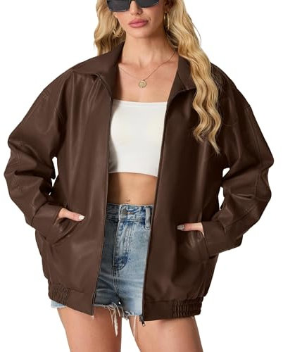 GRECERELLE Lederjacke Damen Kunstlederjacke Reverskragen Lange Ärmel Übergangsjacke Reißverschluss Bikerjacke Damen Lässig Motorrad Jacke Frauen (Dunkelbraun,M)