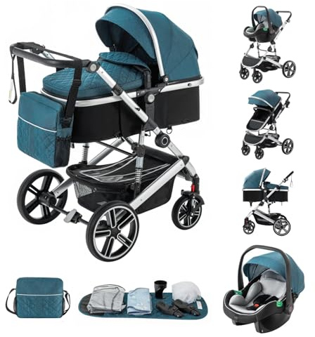 Kakbgee 3-in-1 Kinderwagen | Kombi-Kinderwagen mit ECE R129 Babyschale | Buggy mit Höhenverstellbarem Griff | Aluminium-Rahmen | Moskitonetz | für Neugeborene 0-4 Jahr