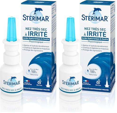 STÉRIMAR Nez Très Sec à Irrité - Spray Nasal pour Nez Très Sec ou Irrité, Apaise & Cicatrise le Nez, à l'Eau de Mer 100% Naturelle/Soufre/Acides Hyaluroniques, Formule Physiologique, 20 ml (Lot de 2)
