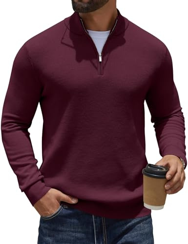 COOFANDY Jersey Hombre Suéter Cuello Alto Regular Fit Pullover de Canalé con Cremallera de un Cuarto Suéteres de Punto Jersey Invierno de Punto Básico Cálido Rojo Oscuro XL