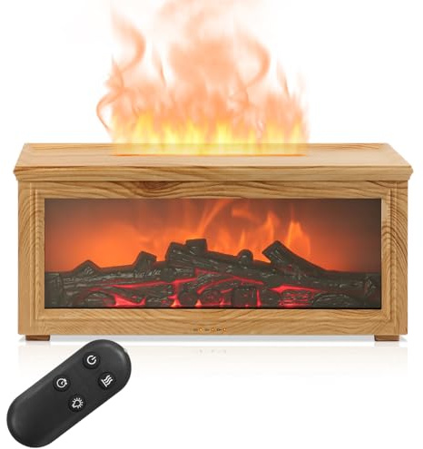 Aischens Difusor de Aromas 7 Colores Llama Chimenea Ajustable, Humidificador para Bar Dormitorio Oficina Decoración, Apagado Automático Difusor para Aceites Esenciales Regalo (Madera Clara)