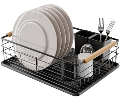 Amig - Scolapiatti Graz - 42 x 31,5 x 15 cm - Acciaio con Manico in Legno - Colore Nero - Scolapiatti con Vassoio di Sgocciolamento e Supporto per Posate - Capacità per 10 Piatti e 6 Bicchieri