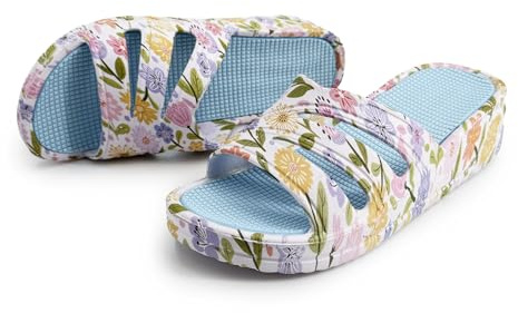 JOMIX Zapatillas de Casa Mujer Verano Estampado Floral Cuña Baja Suave y Amortiguada Plantilla Texturizada Antideslizante Impermeables Secado Rápido Casa Playa Piscina Ducha