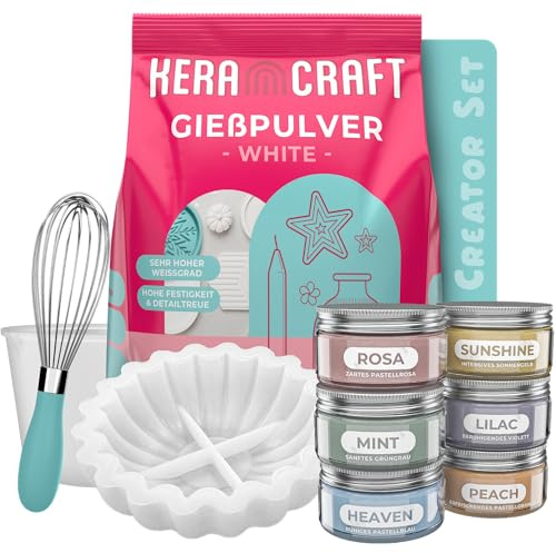 KERACRAFT Gießpulver Starterset komplett - 4,5kg Reliefgießpulver, Silikonform, Zubehör, Powder Compound Set No. 1 für farbiges Gießpulver zum Selbermachen