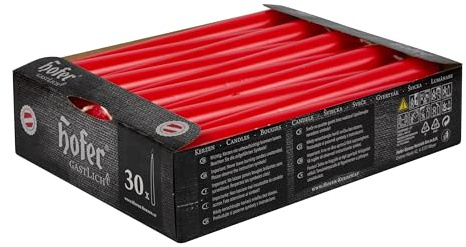 Hofer Candele per Candelabri - 23 x 250 mm - Colore Rosso - Set di 30 Candele Coniche Lunghe - Lunga Durata di 7 Ore - Non Profumate - Qualità RAL
