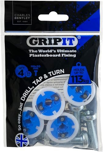 GripIt Blau 25 mm Gipskarton-Befestigungen für Ständerwände – Maximale Belastung 113 kg (4 Stück)