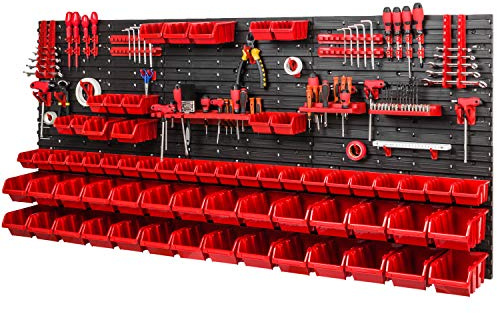 Estantería de pared con 40 soportes para herramientas y 64 cajas apilables, 1728 x 780 mm
