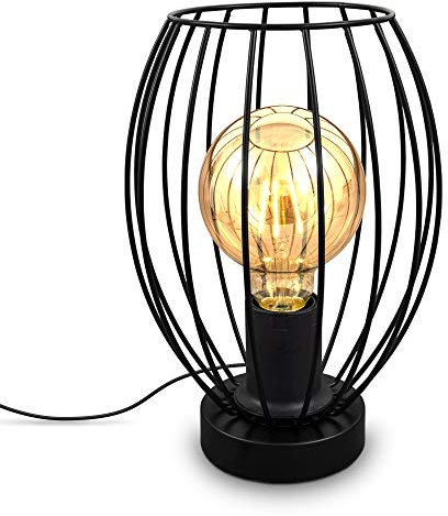 B.K.Licht, Lampada da comodino con paralume in filo metallico, attacco per lampadina E27 non inclusa, lampada da tavolo vintage, altezza 25.6cm, interruttore sul cavo, metallo nero