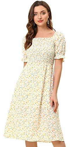 Allegra K Women's Square Neck Puff Sleeves Casual Midi Smocked Floral Dress Orange 8