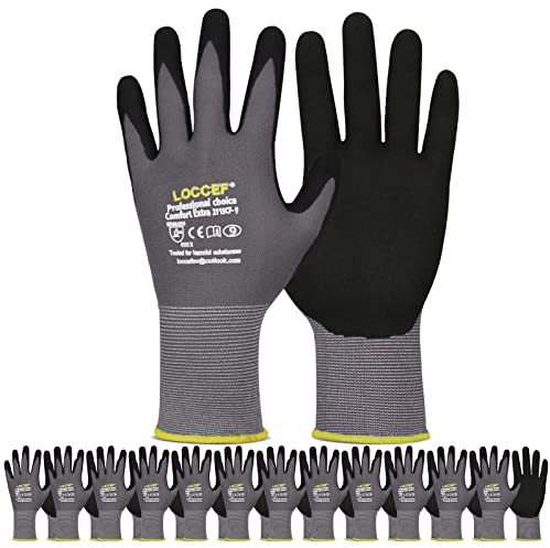 LOCCEF MicroFoam Nitrile Coated Safety Work Gloves (12 Pairs, 9/L)