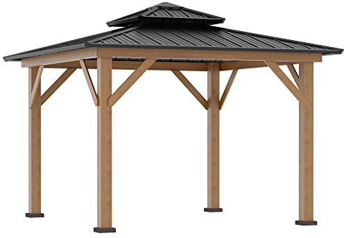 Outsunny 3.5 x 3.5m Outdoor Hardtop Gazebo Canopy with Two-tier Metal Roof and Solid Wood Frame Outdoor Patio Shelter for Patio, Garden, Black