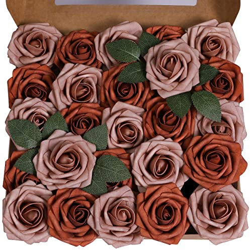 Ruiuzioong Rosa Artificial Flor 25PCS Rosa Falsa Espuma Mirada Real con Hoja y Vástago Ajustable para Bricolaje Ramos de Boda Decoraciones para el Hogar Nupciales (Mezcla de Naranja, 25pcs)
