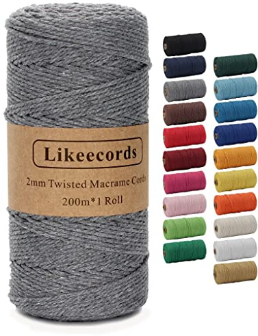 Likeecords makramésnöre 2 mm x 220 yards (201 m), färgat makramésnöre, bomullssnöre, makramégarn, färgglatt bomullspysselsnöre för upphängning, växthängare, pyssel, stickning (mörkgrå)