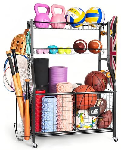 Mythinglogic Sports Equipment Garage Organizer,Garage Ball Storage for Sports Gear and Toys, Rolling Ball Cart with Wheels for Indoor/Outdoor Use