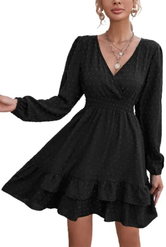 MAFA Femmes Robe Tunique Mini Robe Col en V Automne Hiver Longueur au Genou Casual Retro Respirant Noir L