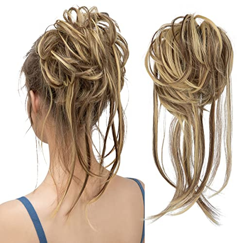 CJL HAIR Messy Bun Hair Piece Curly Hair Bun Extensions with Straight Tails Synthetic Hair Scrunchies Ponytail Hairpieces for Women Brunette/Butter Blonde