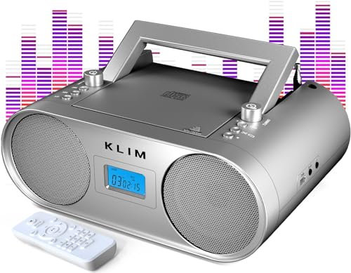 KLIM Boombox B4 Reproductor CD Portátil Con Radio FM y Batería Recargable + Bluetooth, MP3, AUX, FM/Am, USB | Radio Portátil Con Mando y Función de Autoapagado + Plata