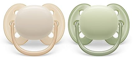 Philips AVENT ultra soft Schnuller - 2er Pack, BPA-freier, extra weicher Schnuller für Babys von 0-6 Monaten, inklusive Transport- und Sterilisationsbox, grün/creme (Modell SCF091/05)