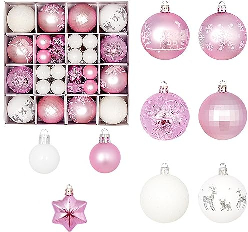 Fouriding 42 Stücke Weihnachtskugeln Kunststoff Christbaumkugeln Hängende Dekoration für Weihnachtsbaumschmuck Dekoration (Rosa Weiß)