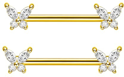 Besyvvin 2pcs Nipple Bars 14mm Stainlesss Steel Gold Butterfly Nipple Rings 14G Nipple Piercing Jewellery for Women