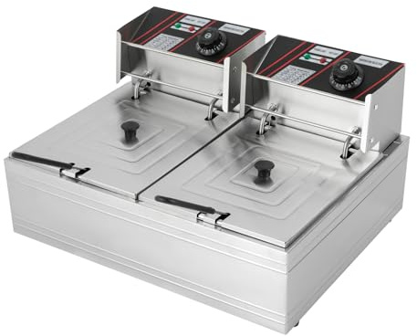 WSIKGHU 12 liter fritös rostfritt stål elektrisk fritös med korg – 5 000 W, 220 V, termostat 60–200 °C, 55 × 44 × 30 cm, EU-standard