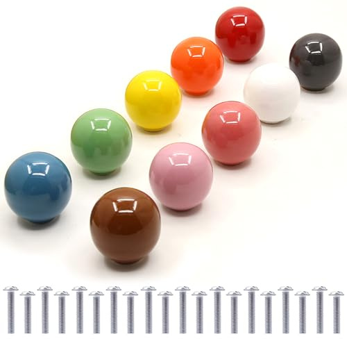 Auped Lot de 10 Boutons en Céramique Colorés - (forme de boule lisse) pour cuisine avec Vis Incluses - Pour Cuisine, Salle de Bain Enfant & Armoires