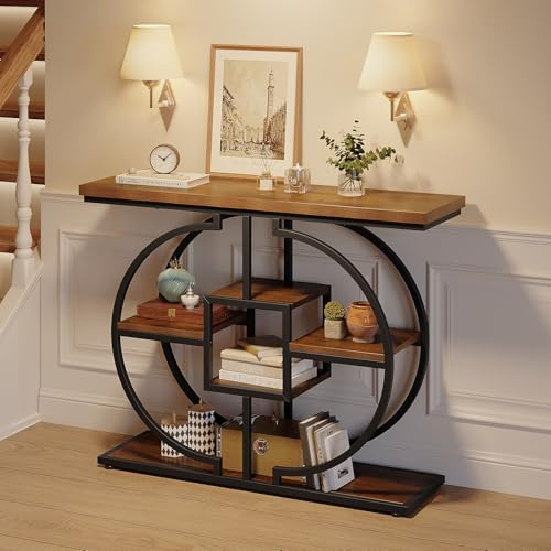 Trironsun Narrow Console Table for Hallway 4-Tier Rustic Sofa Table with Circle Metal Base Industrial Wooden Entryway Table with Storage Shelves for Living Room Foyer
