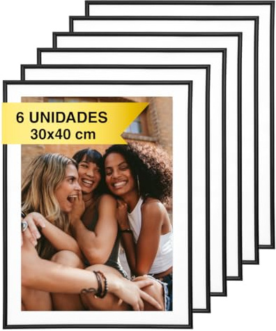 MARCOFOTO Set de 6 Marcos de Fotos 30x40 cm – Marcos de PVC Negros con Cristal – Para Cuadros, Posters o Certificados – Ideal para Decorar Paredes del Hogar, Oficina o Local