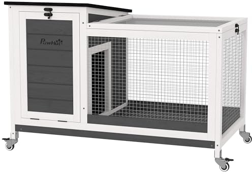 PawHut Conejera de Madera con Ruedas Jaula para Conejos con Techo Asfáltico Abatible Bandeja Desmontable y Ventana Móvil Conejera para Exterior e Interior 91x51x66 cm Blanco y Gris