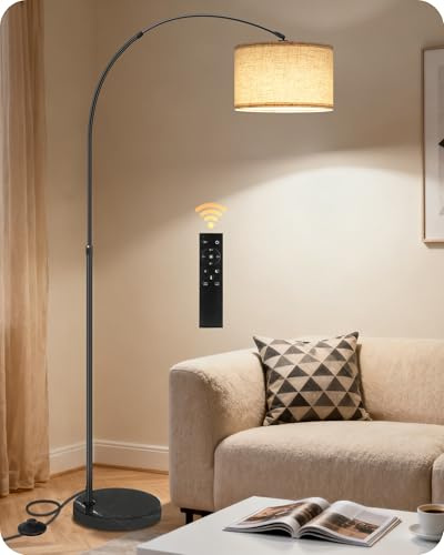 GOEBLESON Lámpara de Pie Arco, Altura Ajustable 158-188cm, con Bombilla LED y Mando, Tegulación Continua de Brillo y 3CCT, Luz Direccional con Cabezal Orientable y Base Pesada, Beige y Negro