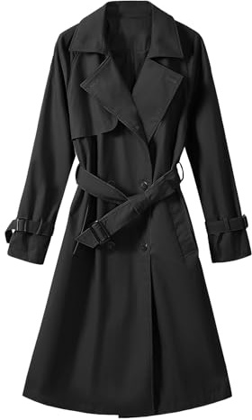 Tuopuda Trench Donna Primaverile Autunnale, Cappotto Doppiopetto Lungo Classico Antivento, Giacca a Maniche Lunghe Trenchcoat Cappotti Mantello Windbreaker Giacche con Tasche, Nero, L