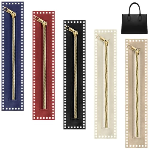 5 Pcs PU Leather Crochet Zippers 10.6 Inch Zipper with Holes Leather Sewing Zippers Frame Bulk Metal Fastener for DIY Craft Purse Handbag Sewing Handicraft Accessories