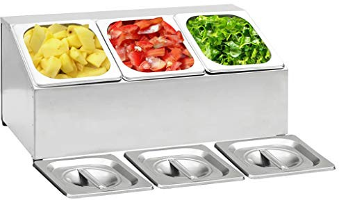 Support Gastronorm Avec 3 Récipients GN 1/6, En Acier Inoxydable, Pratique et Durable, Bac Gastro Inox, Boite Alimentaire, Idéal Pour Restaurant et Hôtel, 49.7 x 22.5 x 21.5 cm