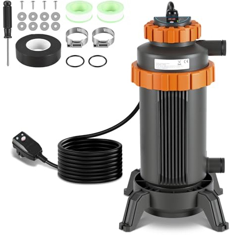Duisrech Elektrisk pooluppvärmning, 3 kW poolvärmare, elektrisk med digital display, Ø 17 x 42 cm, anslutning 32–38 mm, läckage- och tippskydd, flamskyddsmedel, värmer upp till 45 °C