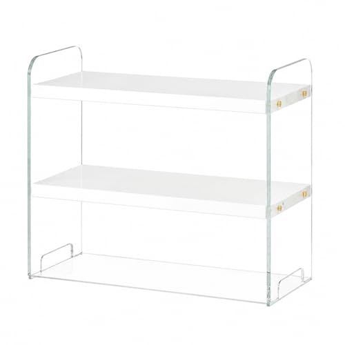 Luwecf Desktop Organizer Regal Monitorständer Holz Acryl Schreibtischablage Kosmetikaufbewahrung Platzsparend für Büro Zuhause Studenten, Warmweiß