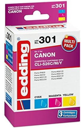 edding Druckerpatrone EDD-301 - Multipack 3 - Cyan, Magenta, Gelb - 3x 10,5 ml - Reichweite 3x 660 Seiten - Ersetzt Canon CLI-526C/M/Y