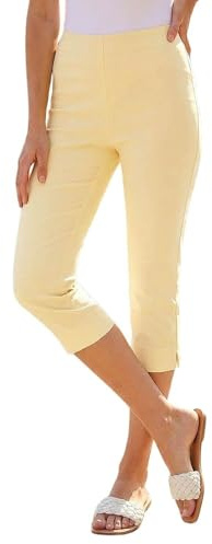 Roman Cropped Trousers for Women UK Ladies Capri Leggings Summer Pants Short Crop Stretch 3/4 Length Three Quarter Pedal Pusher Clothes Elasticated Bengaline Cut Off - Lemon - Size 10