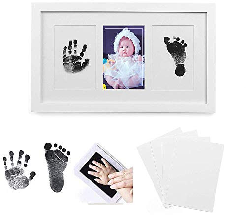 HUYIYI Baby Handabdruck und Fußabdruck Fotoalbum Bilderrahmen Set in weiß, Besonderes Geschenk zur Geburt für Neugeborene, Babyhaut kommt nicht mit Farbe
