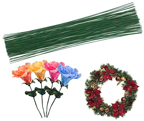 Cinvo Stem Wire - 100 Counts Floral Paper Wrapped Wire, 14 Inch, 22 Gauge, Dark Green