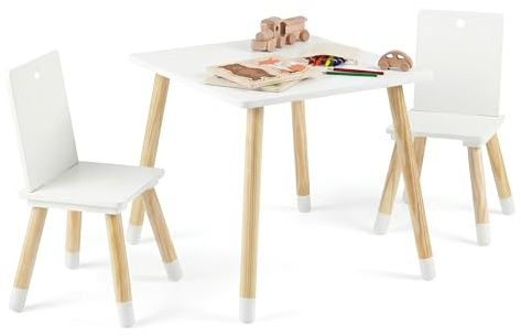 GYMAX Kids Table and Chair Set, Children Activity Table with 2 Chairs | and Pine Wood Legs, 3PCS Wooden Toddler Furniture Set for Playing, Learning, Eating (White, Rectangular Backrest)