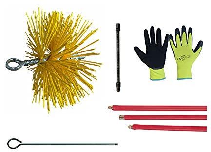 Kit Spazzacamino Pulizia Canne Fumarie Scovolo Tondo in Nylon da 15 Prolunga con molla e con manico Aste filettate estensibili e modulabili fino a 12 metri Guanti in OMAGGIO