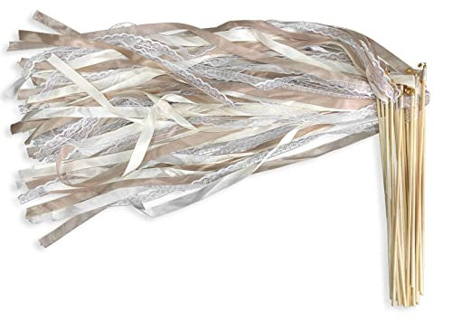 30 Stück Champagnerfarbene Stäbe mit Hochzeitsbändern und Wedding Wands mit Glöckchen,Seidenfeenstab,Luftschlangen Hochzeit,zauberstäbe hochzeit,für Partys, Babypartys, Urlaub, Feiern