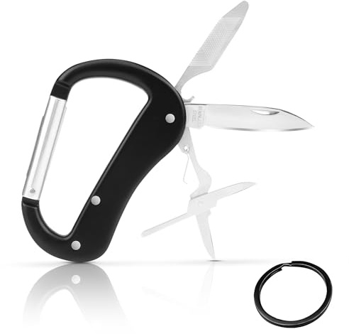 KINGSUSLAY Multitool Carabiner with Pocket Knife, Stocking Stuffers Gifts for Men,Bottle Opener,Nail file,Small Scissors,EDC Carabiners Keychain,Survival Gear for Camping Hiking（Black)