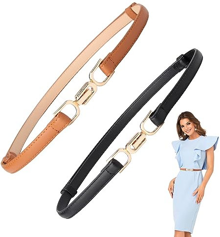 2 Stück Dünner Gürtel Schwarz Gold, Gürtel Damen Schmal, Verstellbarer Dübner Gürtel Damen, Gürtel Damen Gold, Schmaler Gürtel Damen Gold Metallschnalle, Einfacher Dünner Gürtel für Kleid Hose Jeans