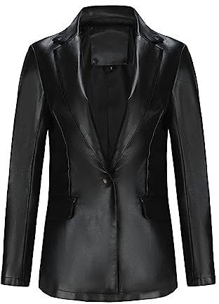 KJDWJKJRF Camicia da donna in pelle Y2K Retro Punk oversize in pelle PU blazer gotica camicetta a maniche lunghe monopetto ecopelle camicetta monopetto giacca in pelle con scollo a V, A nero, M